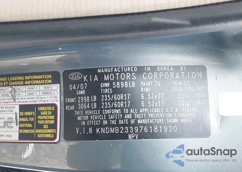 2007 Kia Sedona Ex from USA, damaged, VIN KNDMB233976181930